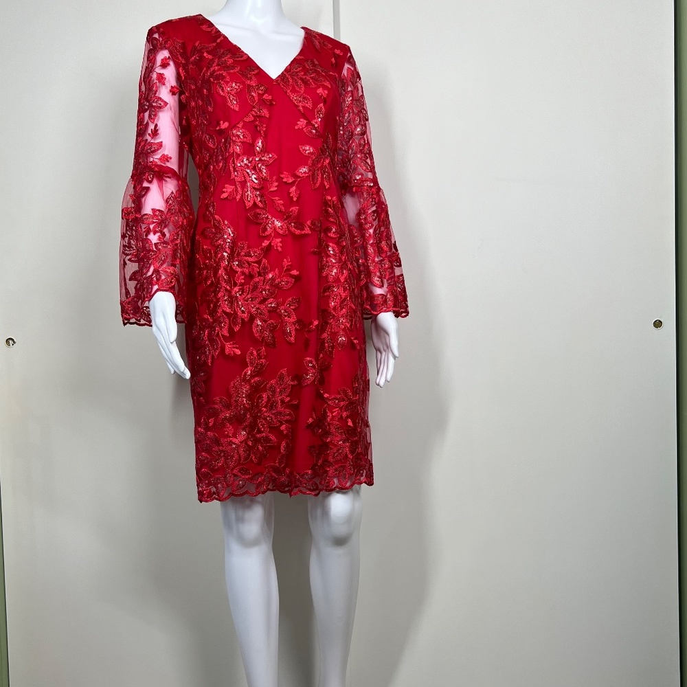 Emma Street Red Embroidered, Sequined, Bell sleeved, V-neck Midi dress, S, NWOT‎